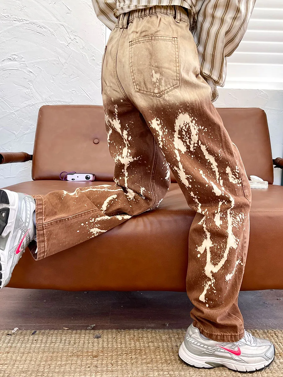 Four Seasons Men's Jeans Tie-dye Splash Ink Casual Straight Pants Trend Loose Spray Paint Wide Leg Pants Streetwear Ins Hot Sale