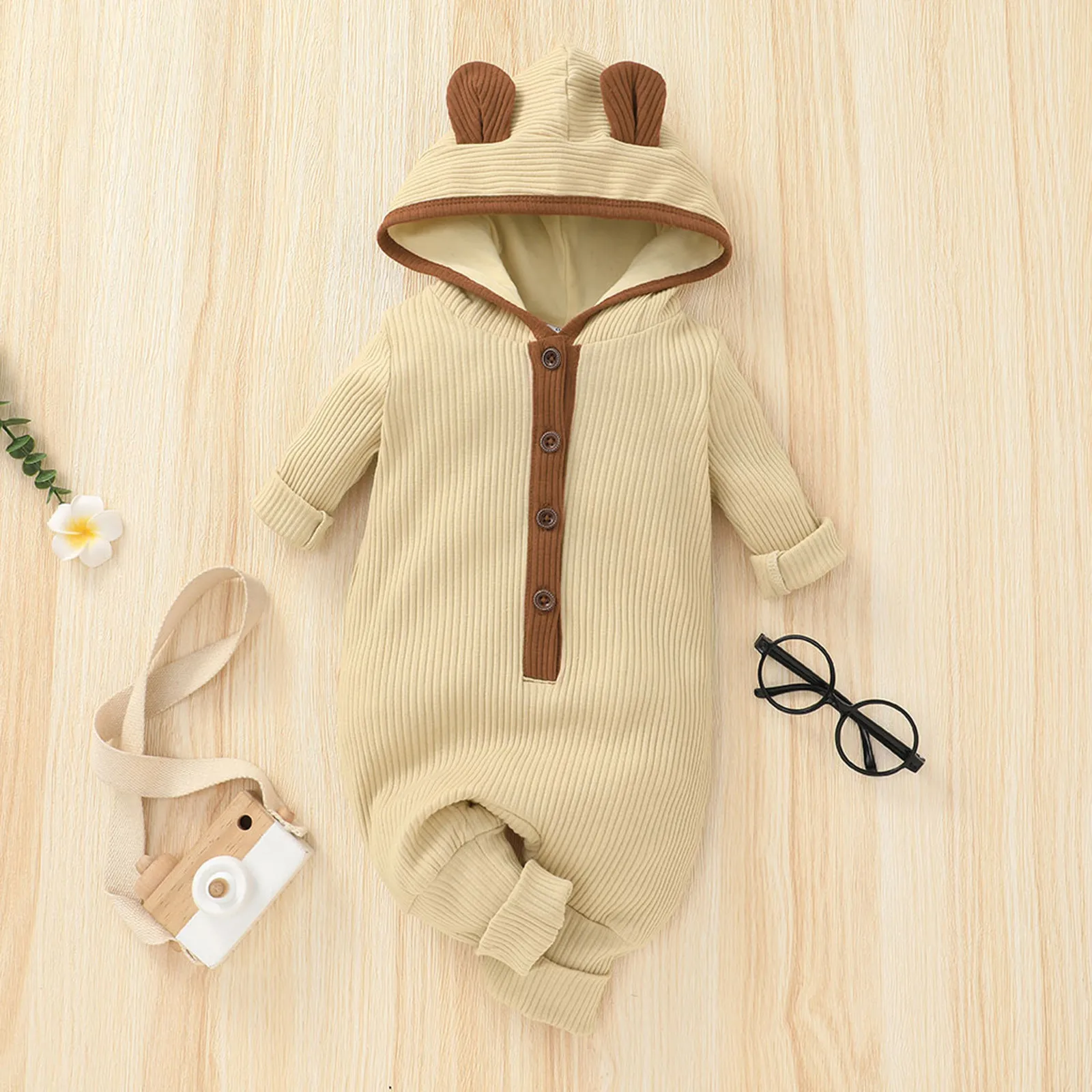 

Newborn Infant Baby Boy Girls Clothes Ribbed Button Hodded Romper Spring Long-sleeved Jumpsuit One Piece New Born Outfits 0-12M