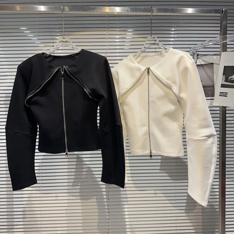 

PREPOMP 2023 Autumn New Collection Long Sleeve Zippers Shawl Design Space Cotton Padded Shoulder T Shirt Women GL110