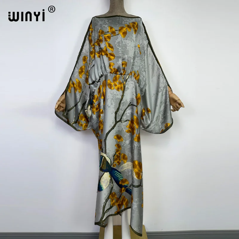 

WINYI 2022 fashion Printed Party Long Dress Women Silky Elegant kaftan one Neck long Sleeve Dress Ladies Fashion Beach Dresses