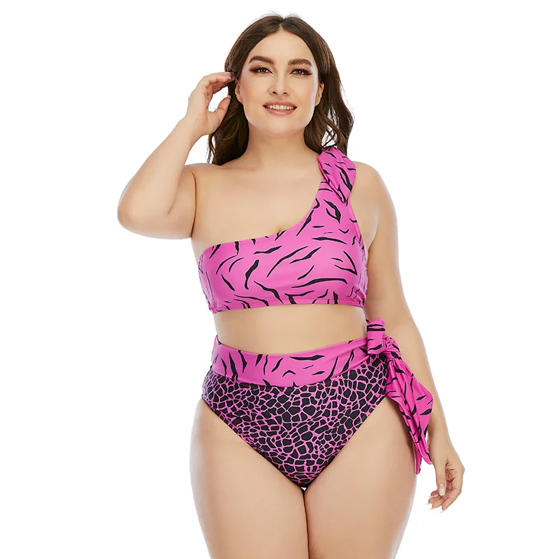 

Large Size Two Piece Swimsuit One Shoulder Retro Striped Bikini 2022 Plus Size Swimwear Women Bathing Suit Swimming Suits Beach