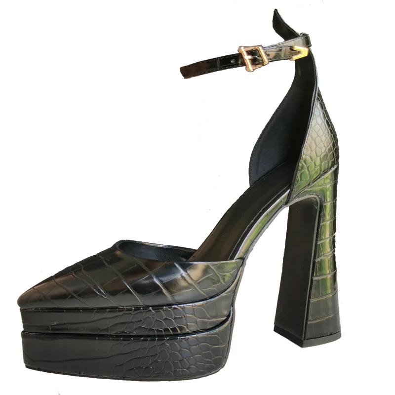 

Women's Crocodile Pattern Pointed Toe Platform Pumps New Thick High Heel Party Shoes Sandals Black Green Big Size Zapatos Mujer
