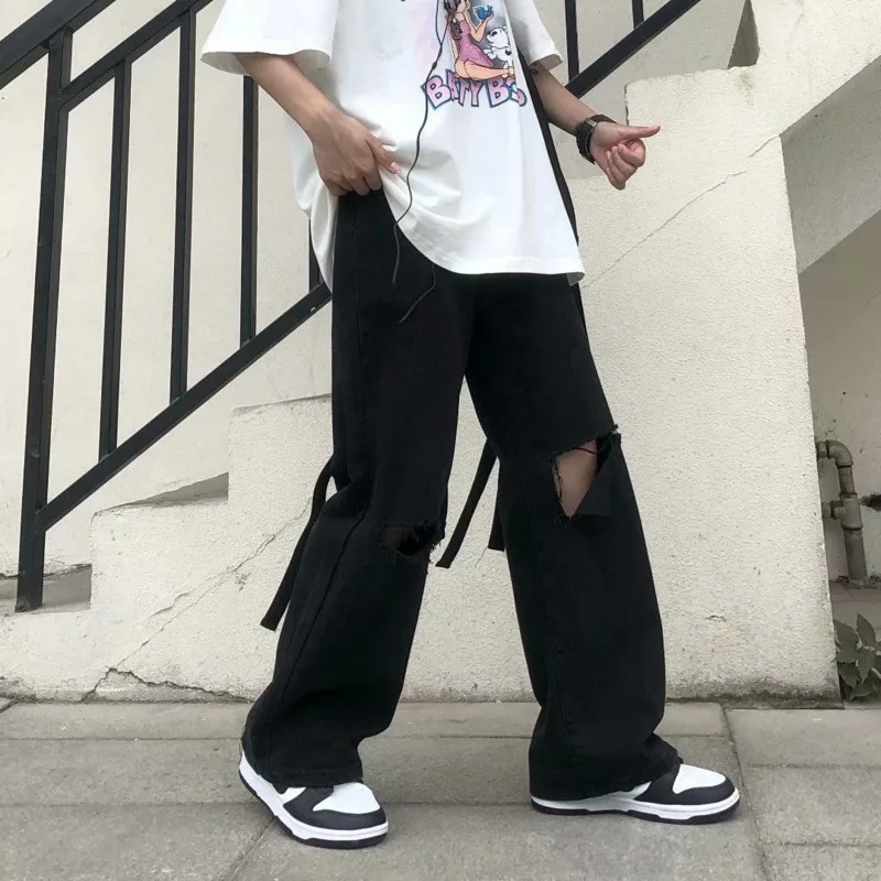 Summer Ripped Jeans Men Fashion Casual Wide Leg Jeans Men Streetwear Loose Hip Hop Hole Straight Denim Pants Mens Trousers S-5XL