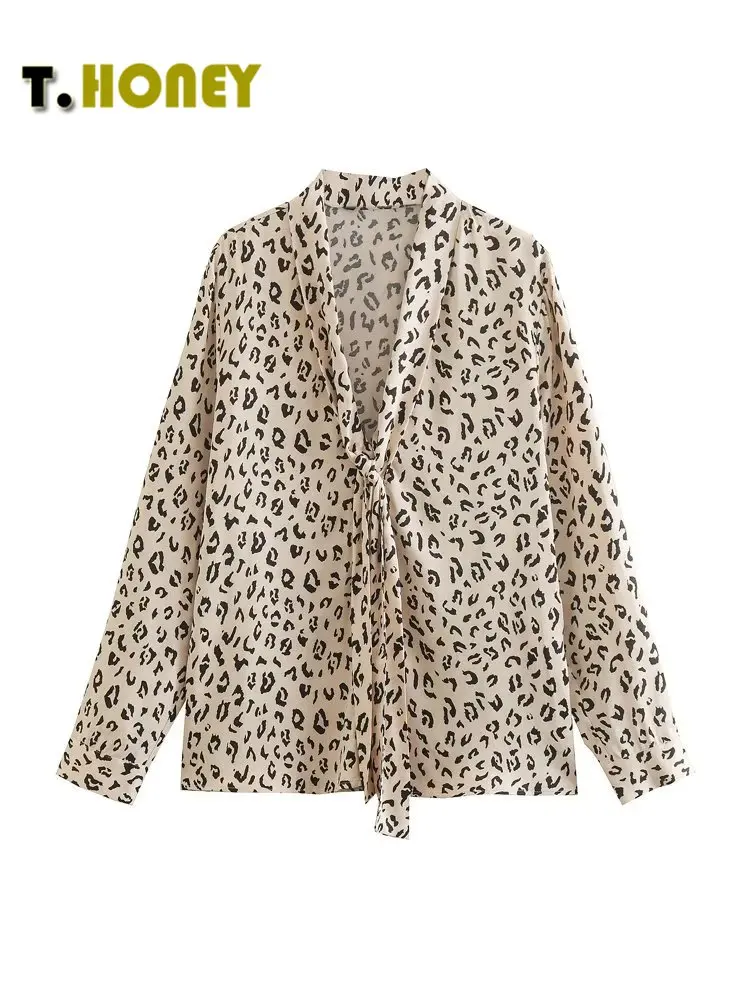 

Женская модная атласная блузка TELLHONEY с V-образным вырезом и леопардовым принтом, Женская Повседневная однобортная свободная тонкая рубашка с длинными рукавами
