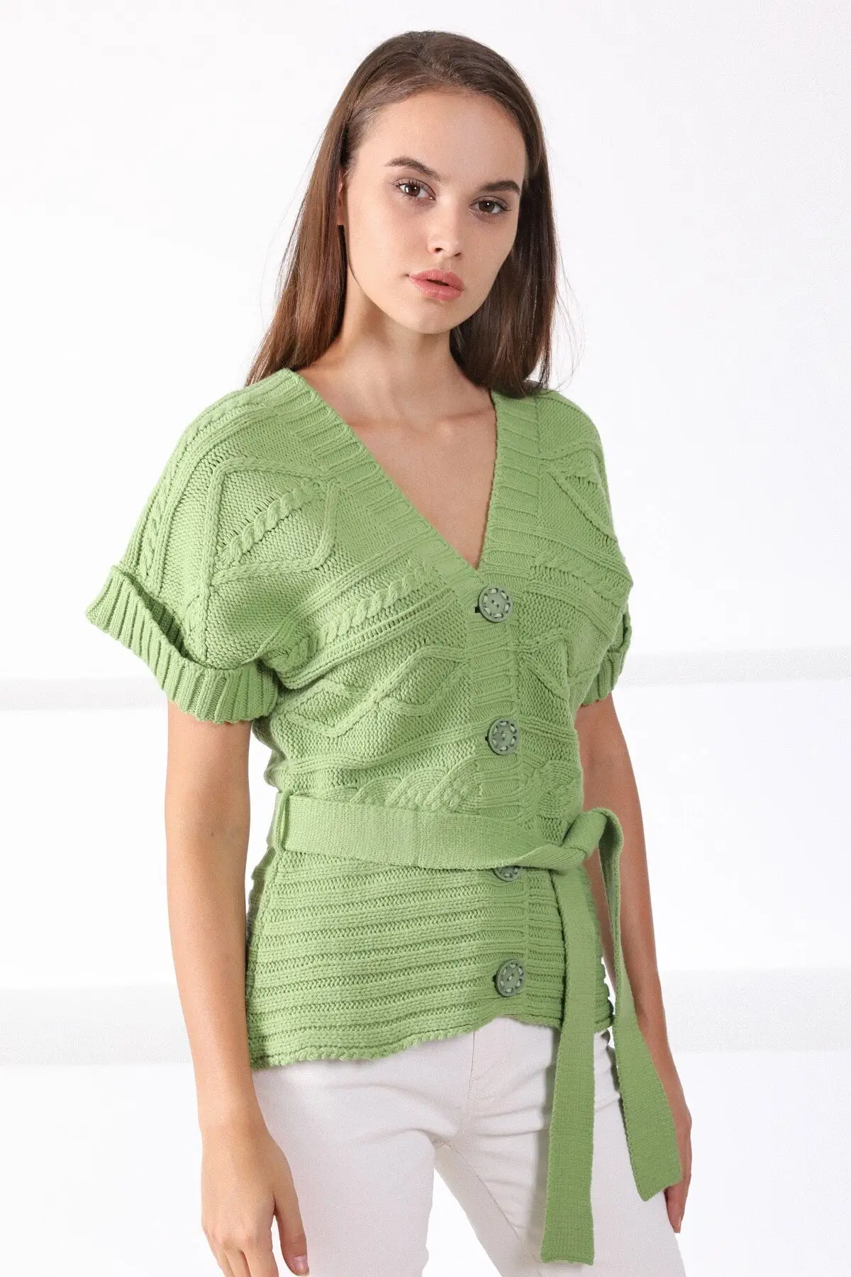 

Women's Cardigan Pistachio Green V-Neck Buttoned sportswear Casual Knitted Quality Fashion Sweaters Loose Jumper