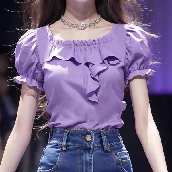 Новинка лета 2024 фиолетовые рубашки с оборками и коротким рукавом допаминовая