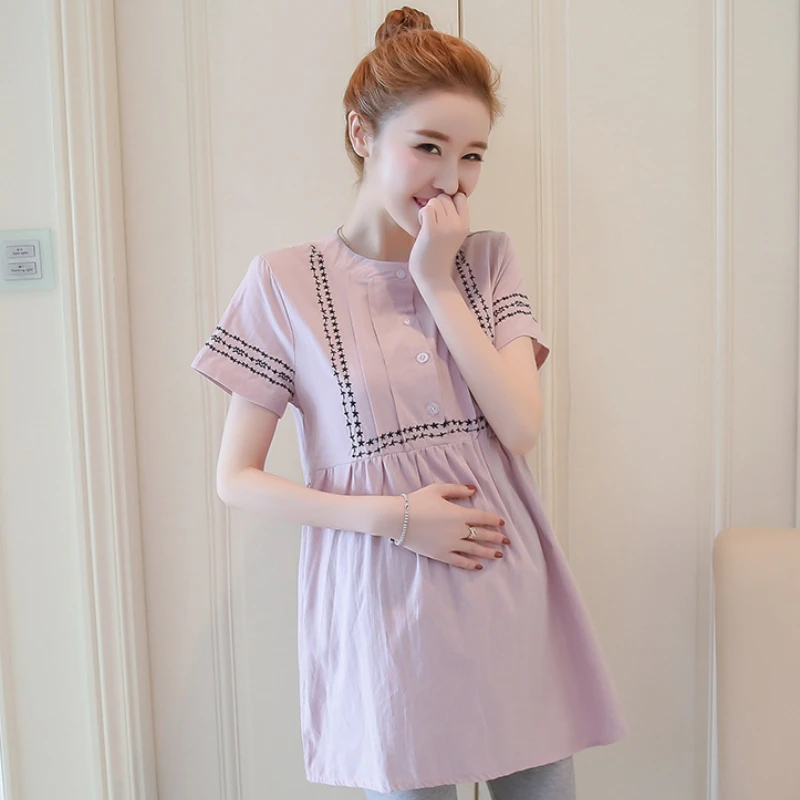 Summer Maternity Clothes Cotton Pregnancy Shirt Pregnant Blouses High Waist With Belt Short Sleeve Casual Maternity Top 2023