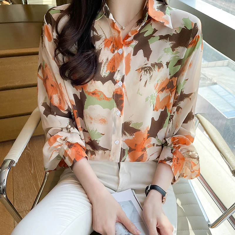 

Chiffon Shirt for Women Summer 2023 New In Floral Print Blouses Long Sleeve Fashion Loose Korean Top Tum-down Collar Casual