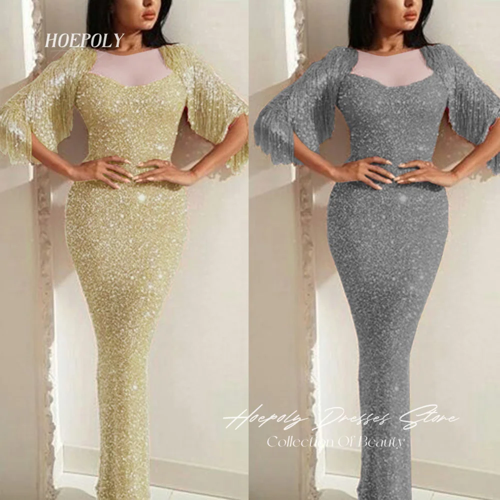 

Hoepoly Square Collar Elegant Trumpet Formal Occasion Floor-Length Slim Fit Shiny Sequined Cocktail Evening Dress For Women