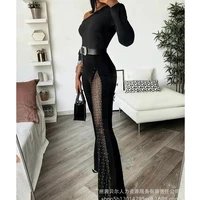 women jumpsuits sexy slim lace mesh see through stitching jumpsuits women long sleeve one shoulder off shoulder pants jumpsuits