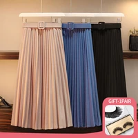 pleated skirts women summer casual korean fashion grace mid length skirts loose solid color high waist women skirt clothesbelt