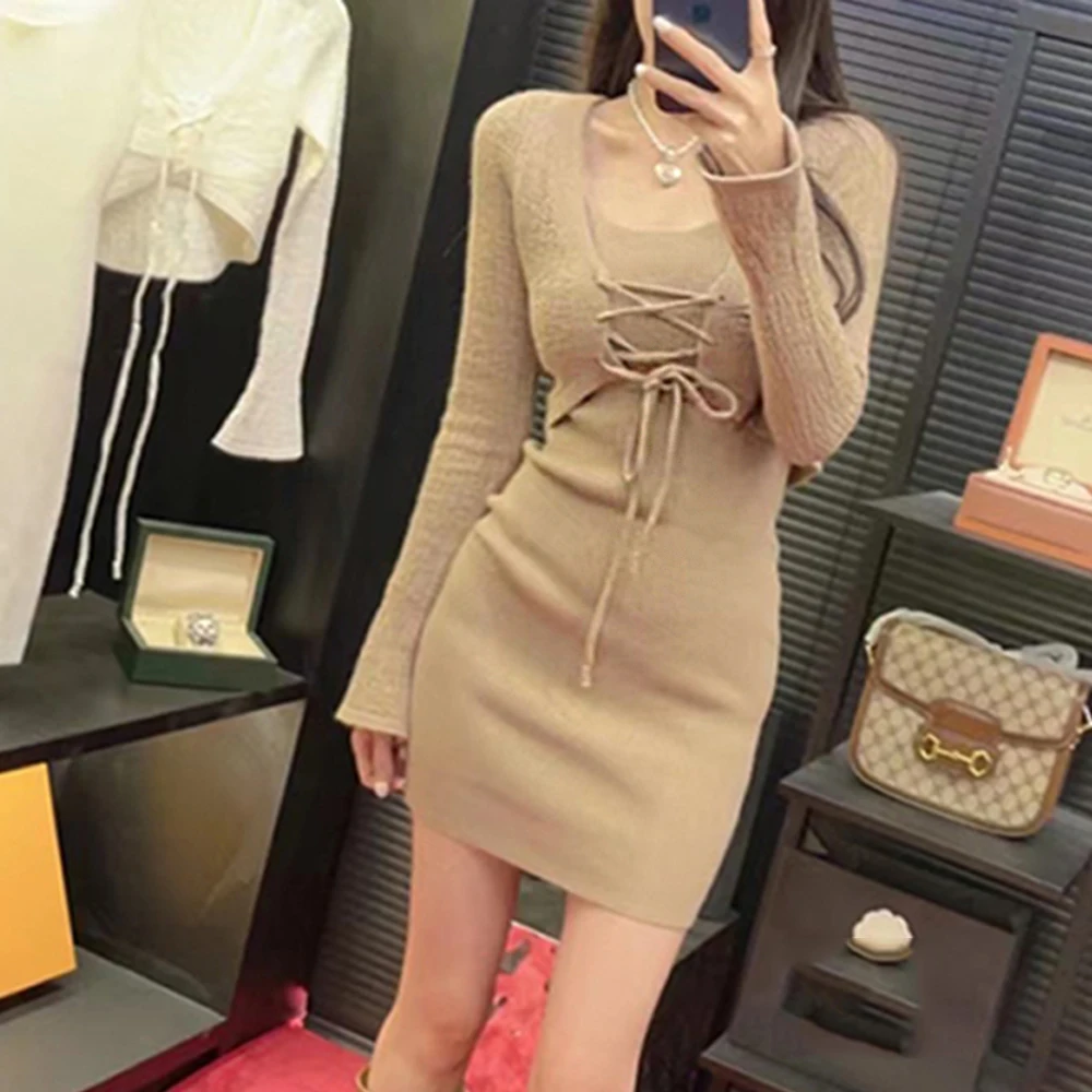 

Lace-Up Long Sleeve Short Mohair Cardigan Women Knit Two-Piece Set Halter Bottom Sundress Winter Sweet Sexy Elegant Lady Outfits