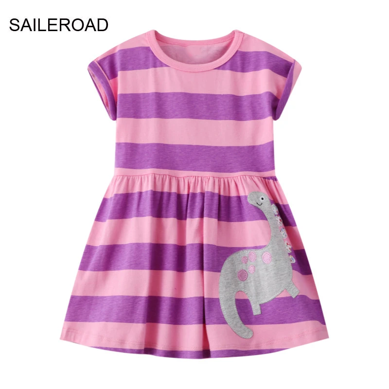 

SAILEROAD 2-7Y 2022 New Summer Children Cotton Short Sleeve Striped Dinosaur Dresses Kids for Girls Skirt Fashion Clothes