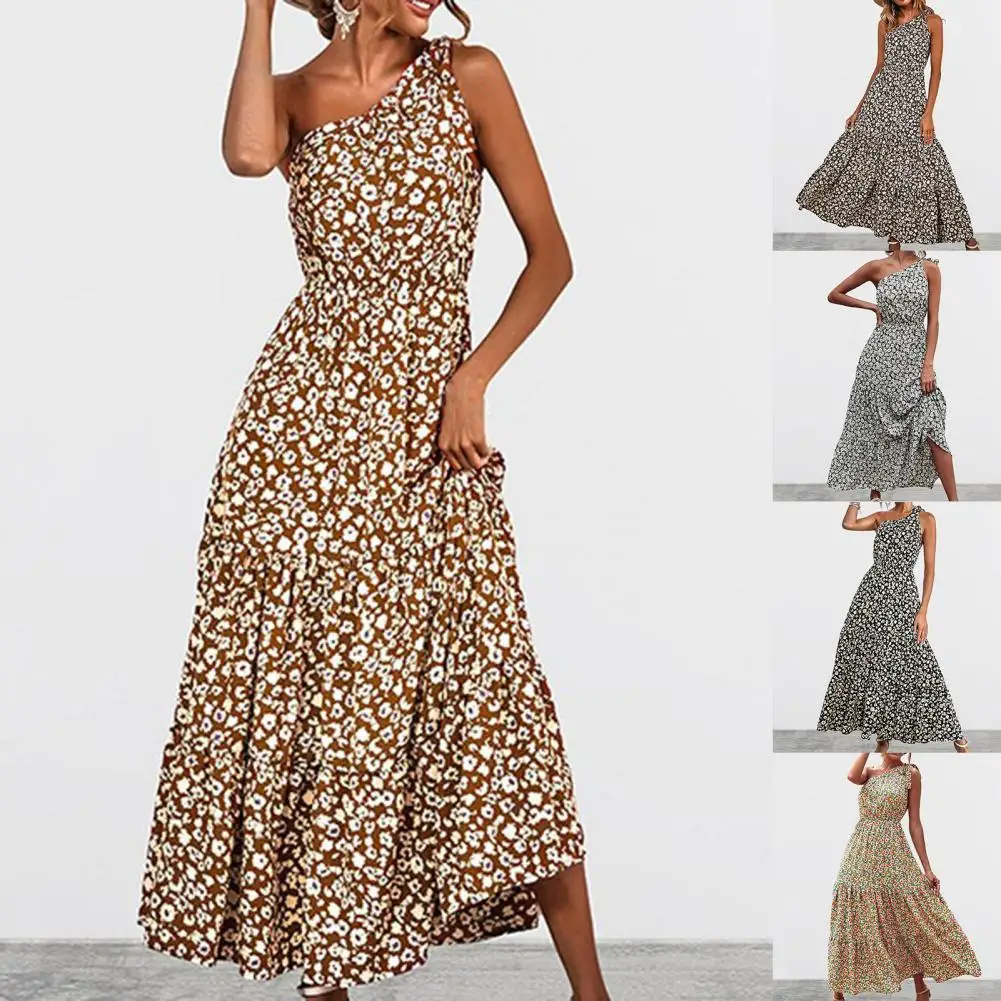 

Vestidos Vintage Women Casual Dress Dot Floral Patchwork Summer Single Shoulder Elegant Women Dress for Party