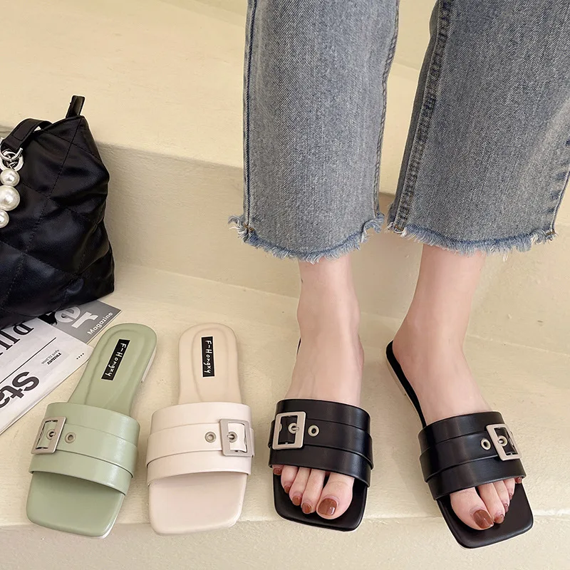 

Low Slippers Casual Flat Shoes Female Slides Slipers Women Luxury Rubber 2022 Beach Hoof Heels Rome Fabric Fashion PU Basic