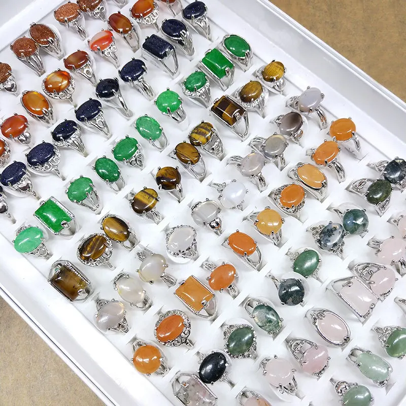 

100pcs/Box Vintage Natural Stone Quartz Crystal Jades Tiger Eyes Rings For Women Fashion Charm Jewelry Bulk Items Wholesales