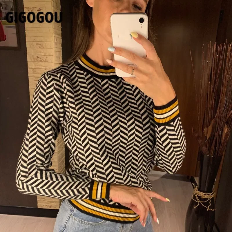 

GIGOGOU Geometric Knitted Women Pullover and Sweaters Autumn Winter Thick Female Jumper Warm Striped Christmas Sweaters Pull