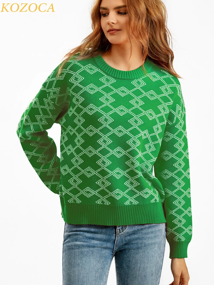 

Kozoca Autumn Winter Sweater Women Long Sleeve Jacquard Geometric Pattern 2023 New Versatile Tops O-Neck Fashion Pullover Jumper