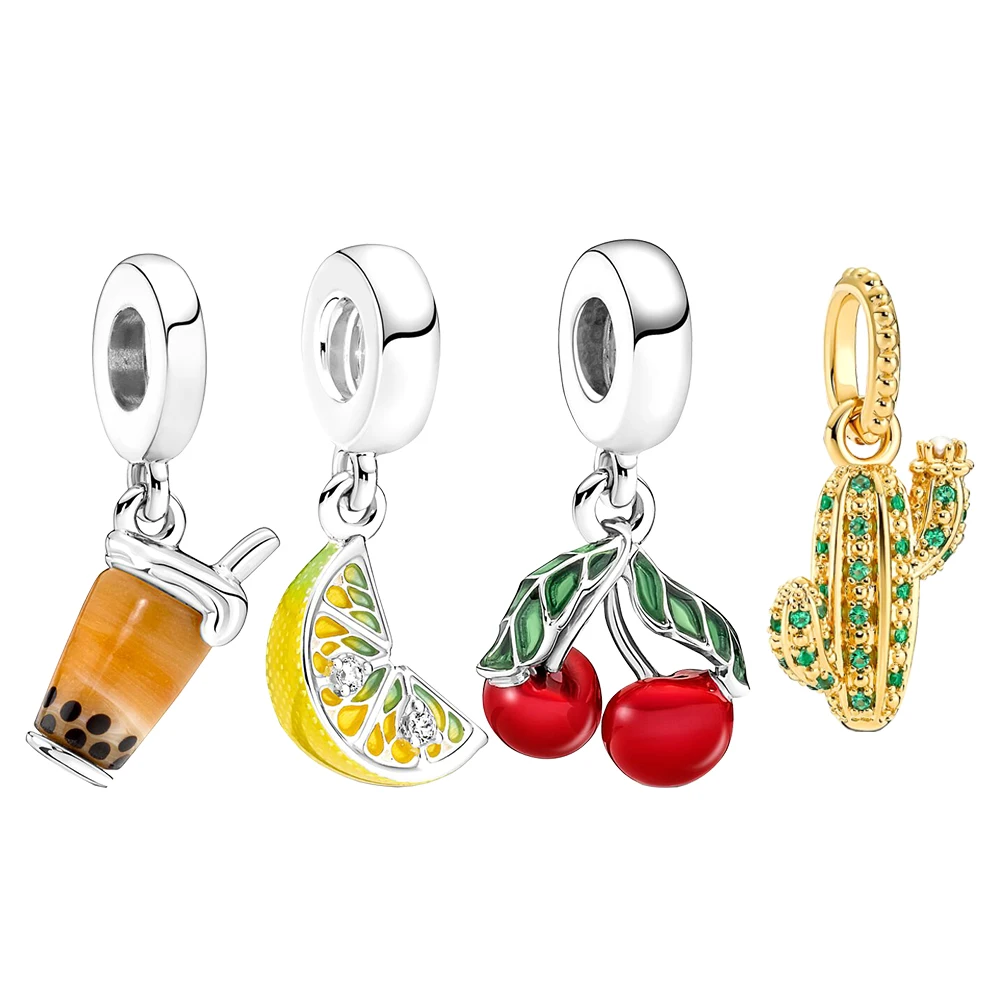 

925 Sterling Silver Sparkling Lemon Slice, Desert Cactus Charms fit Pandora Original Bracelet Necklace DIY for Women Gifts