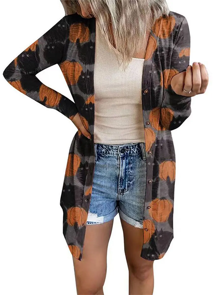 

Halloween Cardigan for Women Pumpkin Bat Print Knitting Cardigans Long Sleeve Open Front Outwear Lightweight Coat