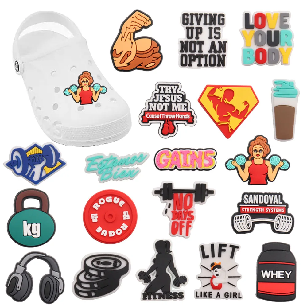 

1-19Pcs PVC Love Your Body Dumbbell Barbell Sandals Shoe Charms Accessories Sports Designer Decoration Fit Man Woman Croc Jibz