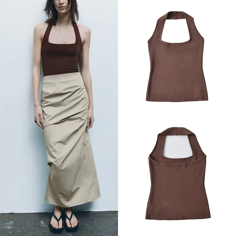 

PB&ZA spring new women's fashion solid colour neckline sexy halter back casual and versatile knitted tops 3390013
