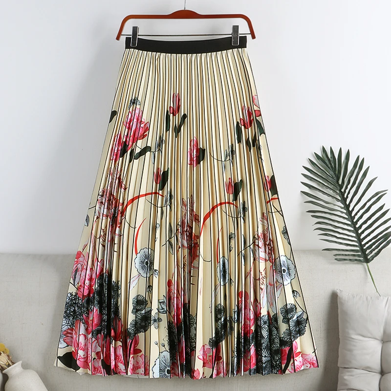 

Chic Floral Printng Skirts High Waist Elastic Jupe A-Line Mujer Faldas Pleated Long Skirt Casual Women Clothes Dropshipping