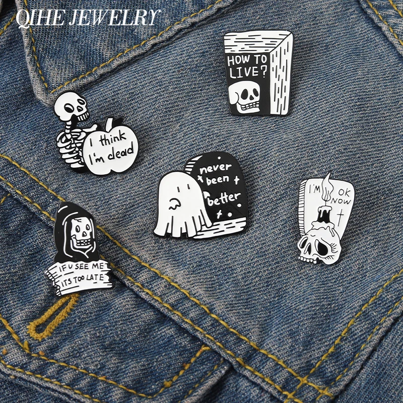 

Black Skeleton Enamel Pins Quotes I'M OK NOW Gothic Punk Brooches Ghost Badges Lapel Custom Backpack Jewelry Women Kids Gift