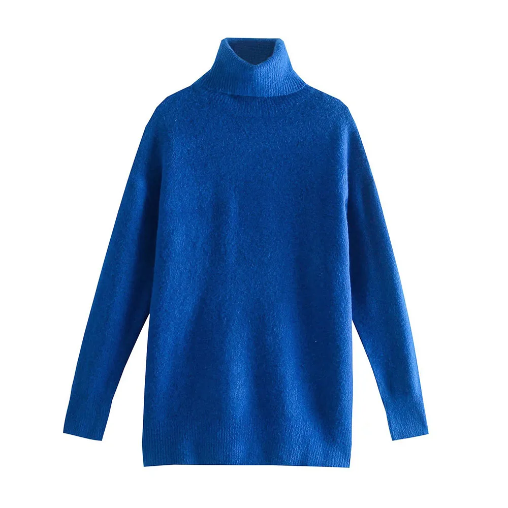 

Женский свитер, синий пуловер с высоким воротником, вязаный Топ, женская одежда, винтажная осенняя одежда с длинным рукавом для женщин, джемпер
