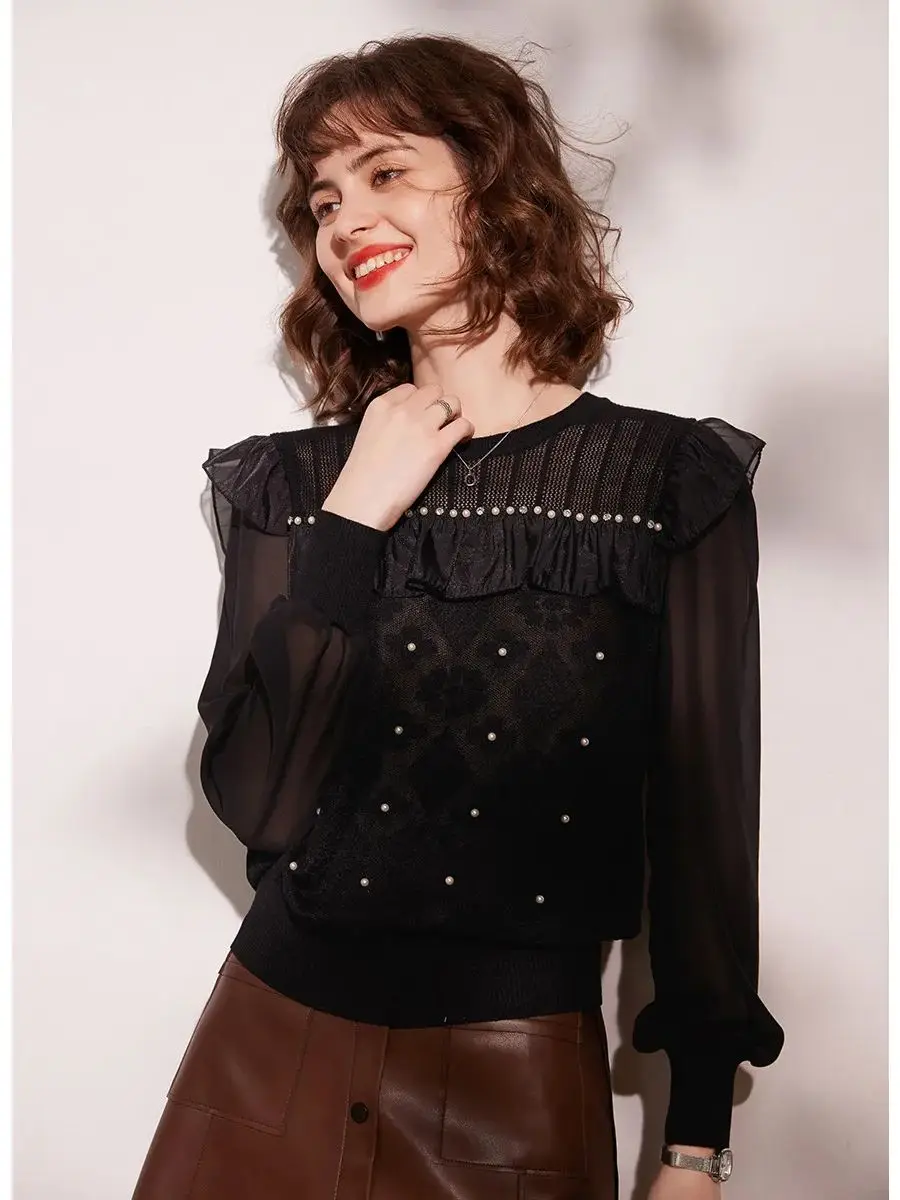 Женский трикотажный жаккардовый свитер LOUIS YAO элегантный кружевной Повседневный