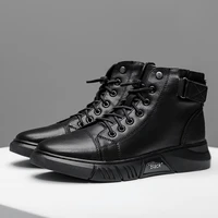 men leather boots flat ankle boots warm cotton shoes plus velvet flatheel sports men boots casual side zipper round solid color