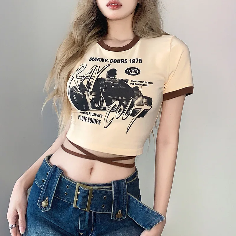 

Sexy Slim Fashion Printed Women's T Shirts Summer Blouse Ladies Girls Cropped Navel Fun Crew Neck T Shirts Trendy Short Sleeves