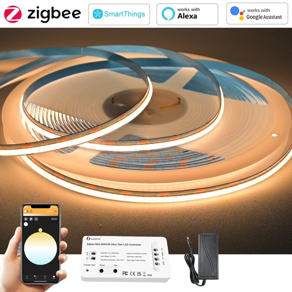 Фото Светодиодная лента COB CCT Zigbee 3.0, 5 м/10 м, без видимых точек, 24 В, диммируемая, гибкая, для потолочного освещения, совместима с Alexa, Google Assistant, SmartThings №1