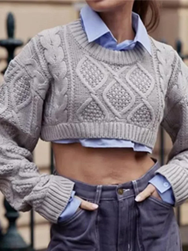 

Женский укороченный топ, свободный короткий пуловер, свитер с круглым вырезом и длинным рукавом, Однотонный женский вязаный джемпер, универ...