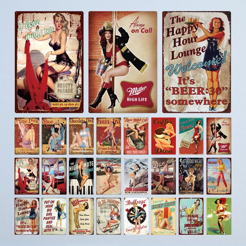 Pin Up Girl Plaque Metal Vintage Sexy Metal Sign Tin Sign Beer Girl Metal Poster Wall Decor For Bar Pub Club Man Cave Retro Sign