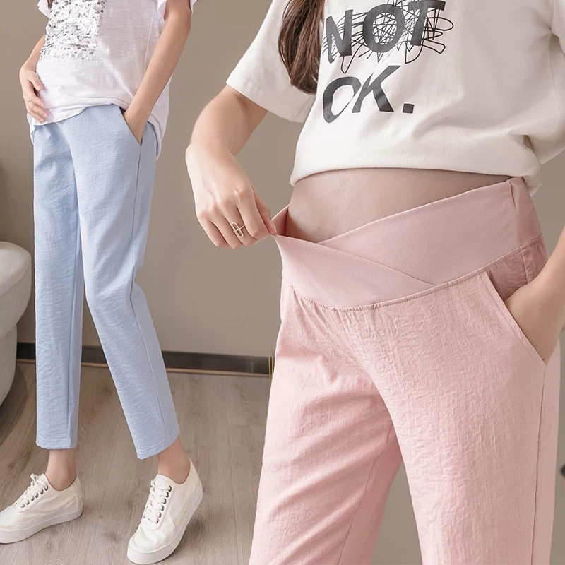 

Maternity Pants Cotton Linen Low Waist Belt Pants Pregnant Women Casual Trousers Spring Summer Pregnancy Clothes Black Pink Blue