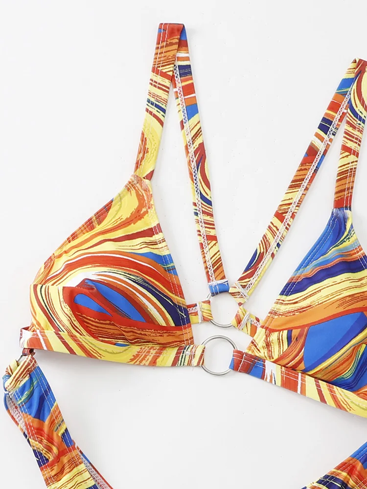 New Printed Metal Ring Tummy Cut Out Thong Women Swimwear One Piece Swimsuit Female High Cut Monokini Bather Bathing Suit Swim