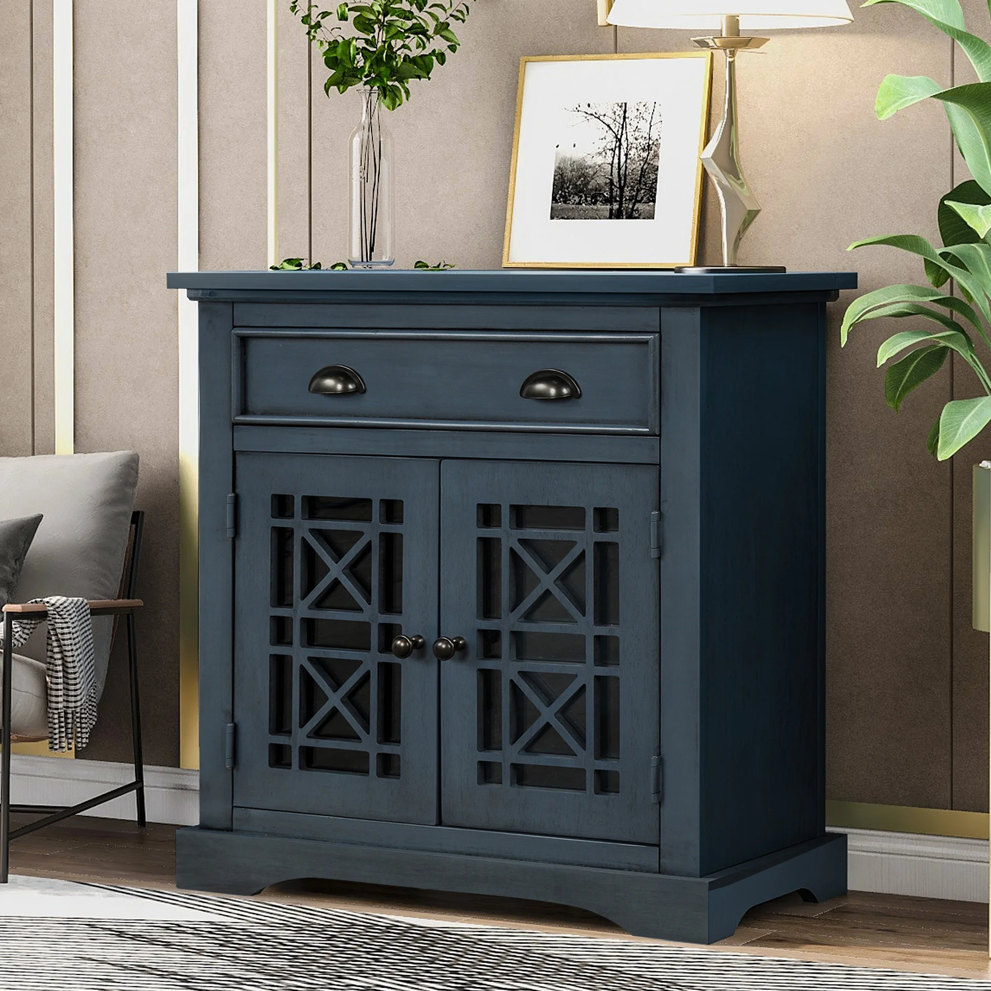 

Retro Storage Cabinet Wih Doors And Big Wood Drawer Home Office Furniture Storage Chest Antique Navy Living Room Old Furniture