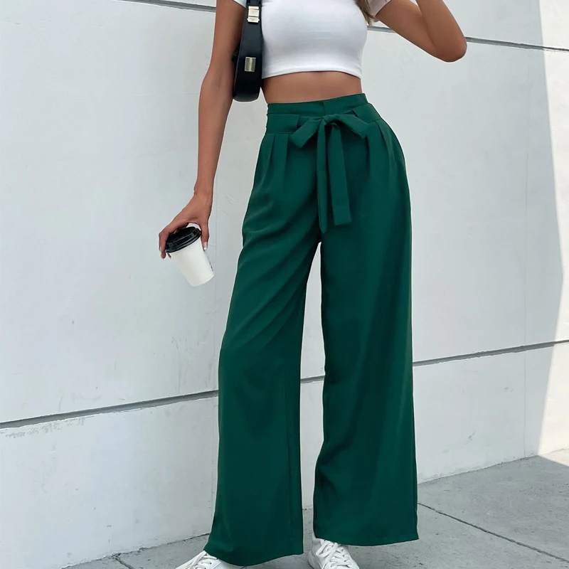 

Casual Loose Trousers Women Office Lady High Waist Lace-up Wide-leg Pants 2023 New Fashion Solid Baggy Pantaloni Donna 25624
