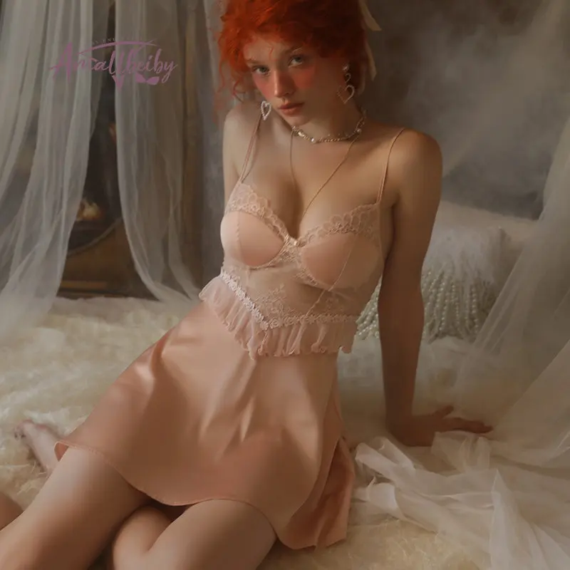 Элегантная женская ночная рубашка халат кружевная Домашняя одежда на бретельках