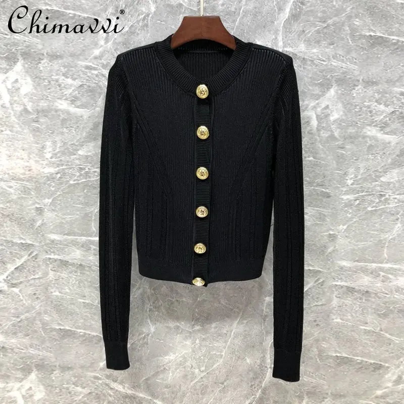 

Women's Light Luxury Gold Buckle Black Knitted Cardigan Versatile Fashion Round Neck High-Grade Elegant Slim Fit Sweater Coat