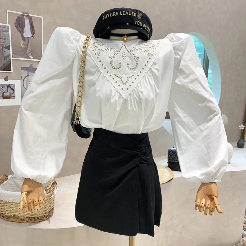 

Niche Design New Women's Clothing 2022 Spring Puff Long Sleeve Lace Shirt Versatile Slim Fashion Bottomed Tops Blusa Feminina