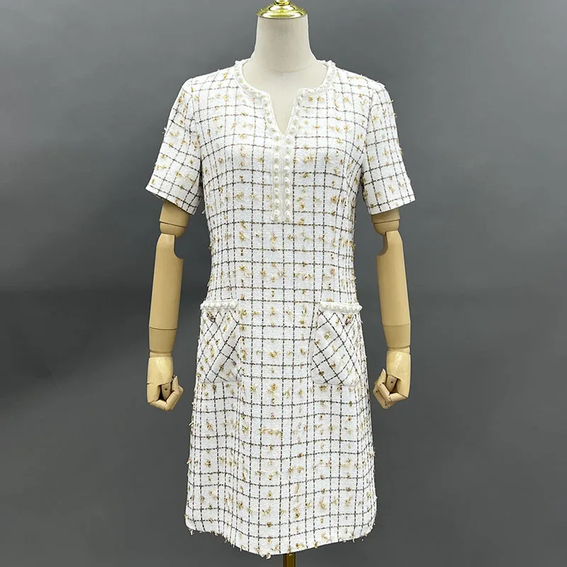 JANEFUR 2024 белые клетчатые женские элегантные твидовые платья весна-лето модные