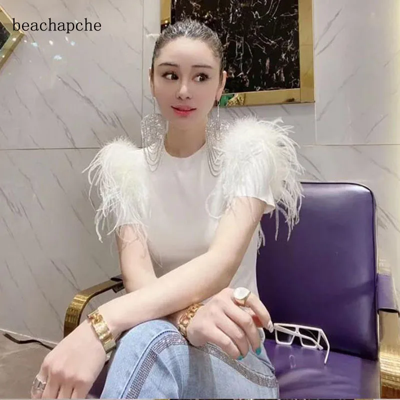 

Beachapche 2022 Spring Summer Fashion Streetwear Shoulders Ostrich Feathers T-Shirt Women Tees t shirt Lady Tops