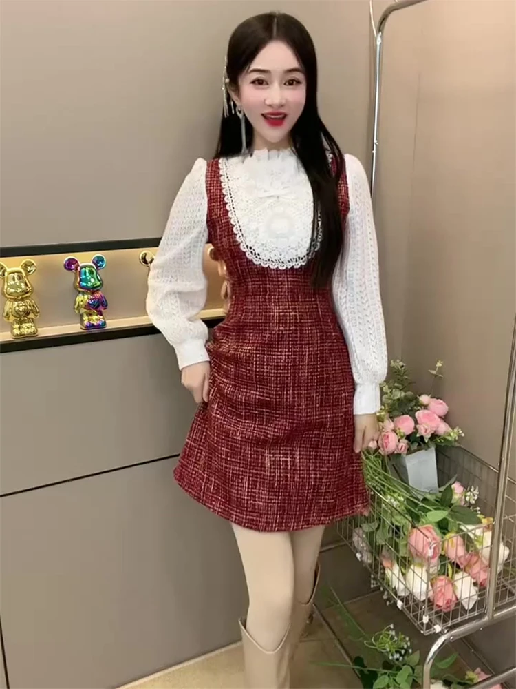 The Same Model as Online Celebri Fashion Western Sle Graceful Dress Women Winter Lace Stitching Design Waist Hugging Slim... |