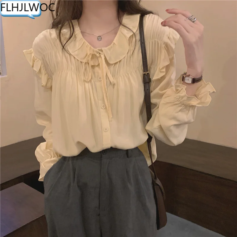 

2021 Spring Hot Sale Basic Shirts Blouses Women Japan Girls Cute Sweet Long Sleeve Solid White Ruffled Chic Bow Tie Tops Blusas