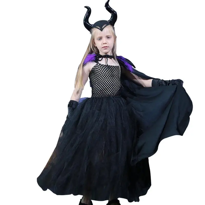 

Halloween Witch Dress Halloween Tutu Dress Cosplay Costume With Cape Elastic Kids Costume Comfortable Black Dress Skin Friendly