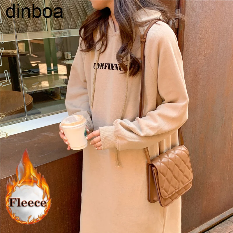 

Autumn Winter Clothes Maxi Autumn Dress Fleece Warm Women Hoodies Dress Letter Print Oversized Casual Dresses Pockets Hooded