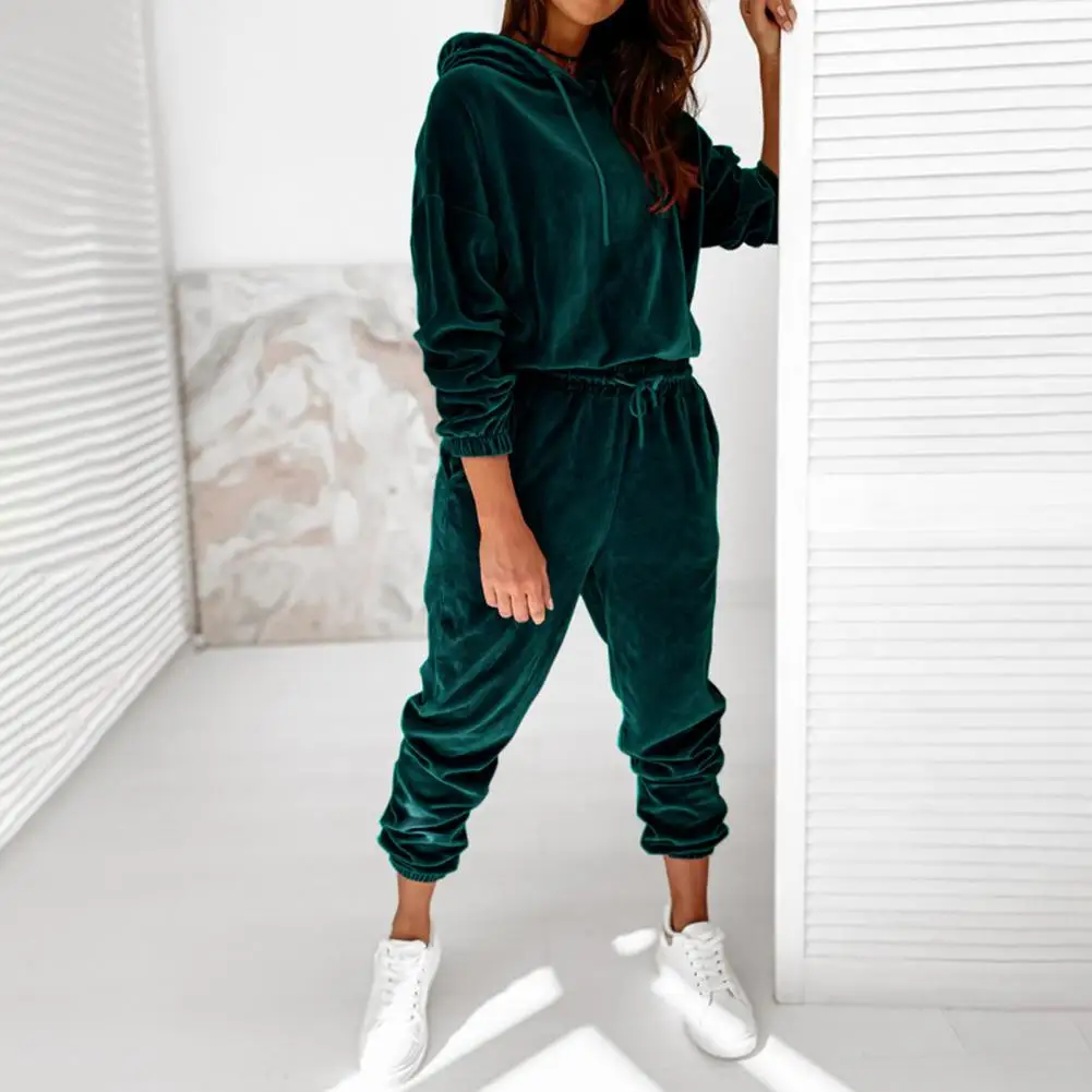 

2 Pcs/Set Chic Fall Tracksuit Drawstring Hooded Hoodie Trousers Suit Casual Women Winter Tracksuit