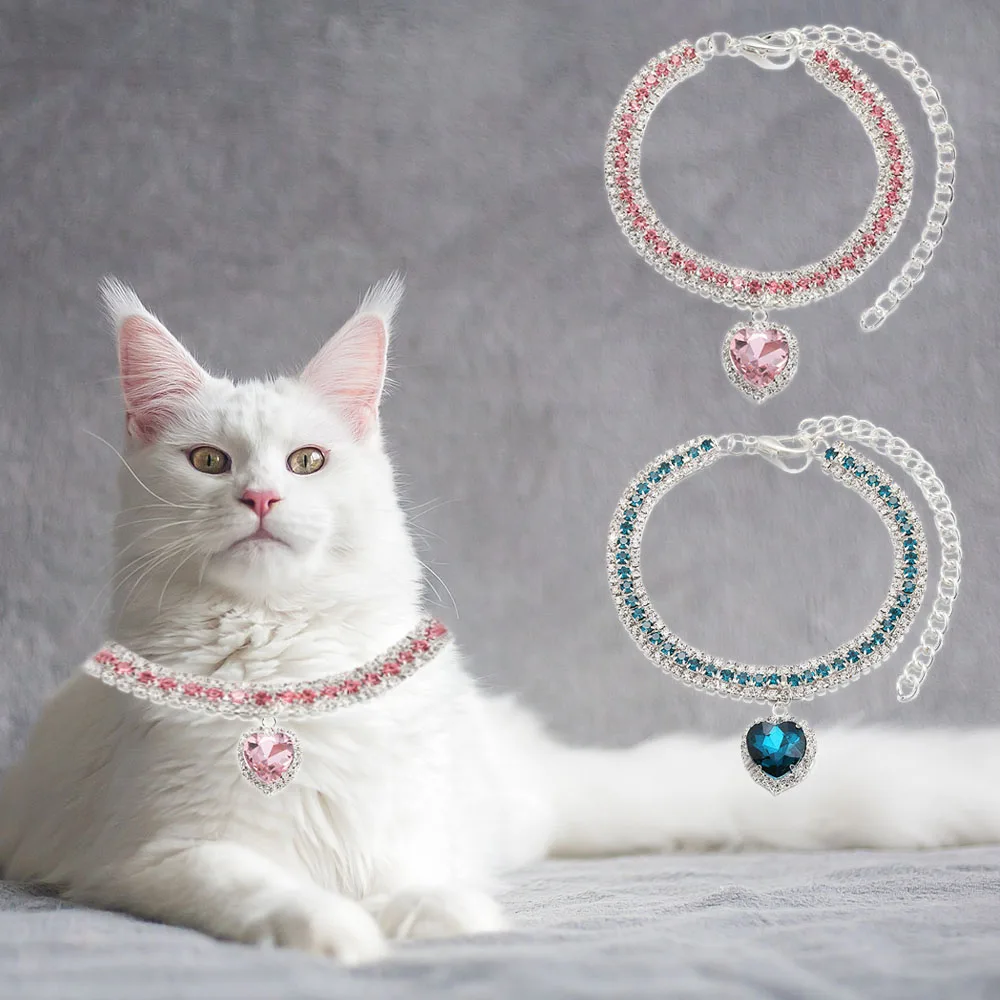

Персонализированные ошейники для домашних животных, ожерелье с блестящим кулоном в форме сердца, аксессуары для собак Puppycat